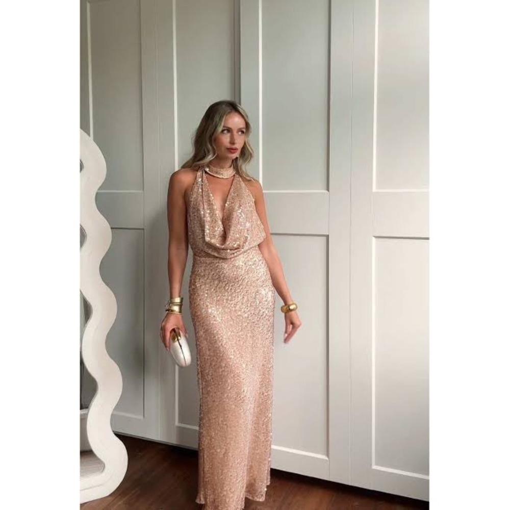 Zara Sequin Cowl Neck Halter Maxi Dress Champagne Gold 3235/865/942 Size M